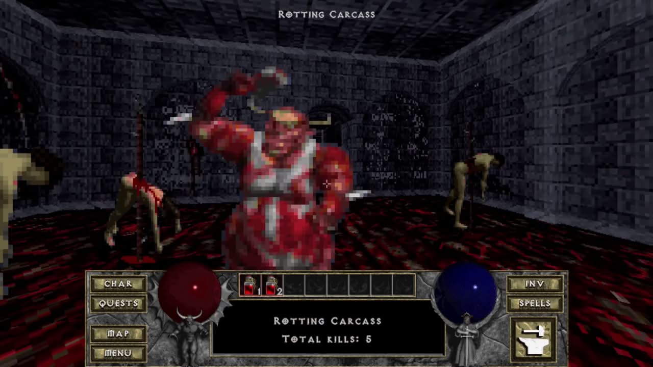 Le Boucher de Diablo 1 en vue à la première personne, son cleaver levé prêt à frapper le joueur