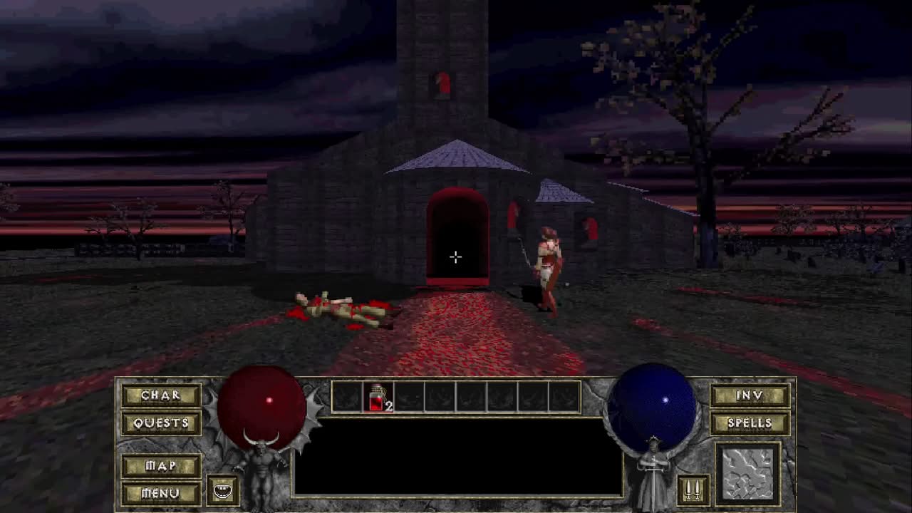 Entrée de la cathédrale de Tristram en vue FPS dans le mod Diablo 1 First Person, PNJ au sol et amazone en multijoueur