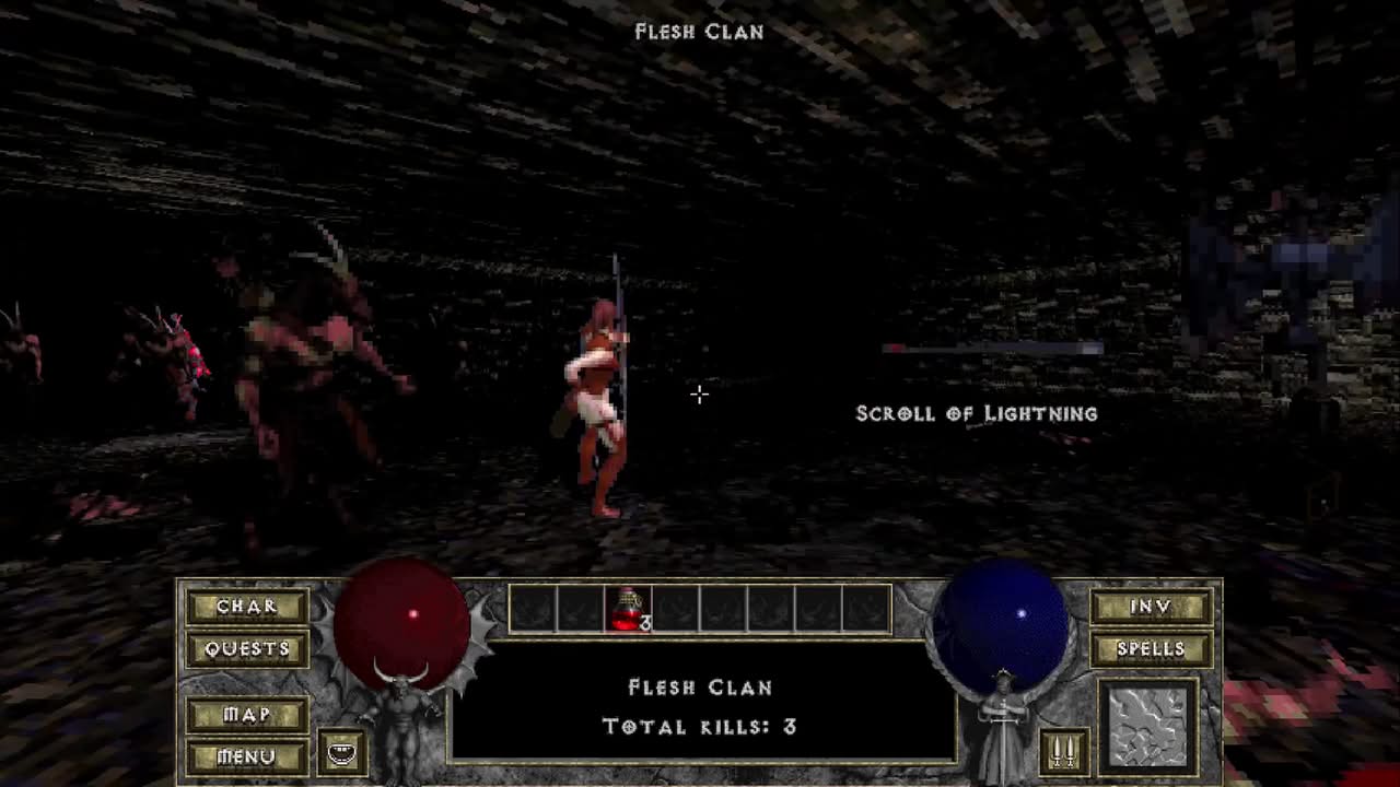 Combat en vue FPS dans le mod Diablo 1 First Person, une amazone décoche des flèches sur des démons cornusen