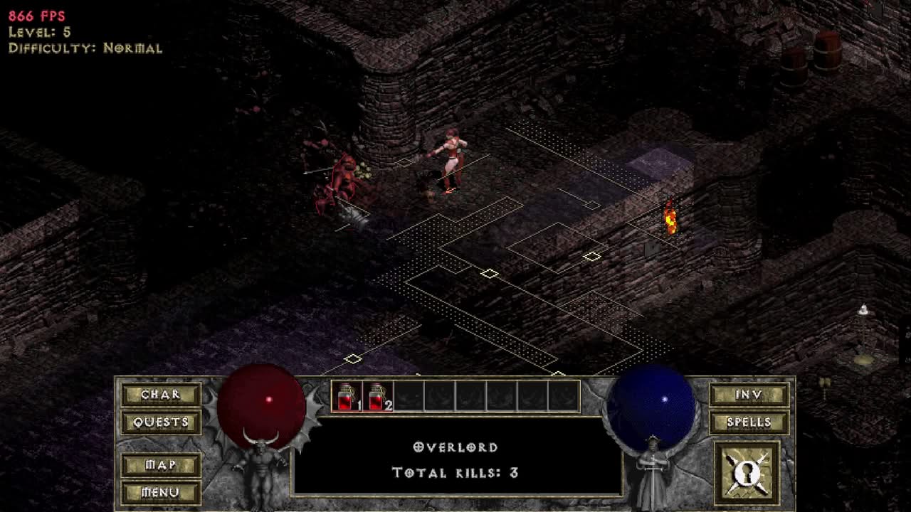 Vue isométrique classique de Diablo 1 dans le mod First Person, avec bascule en vue FPS via la touche G