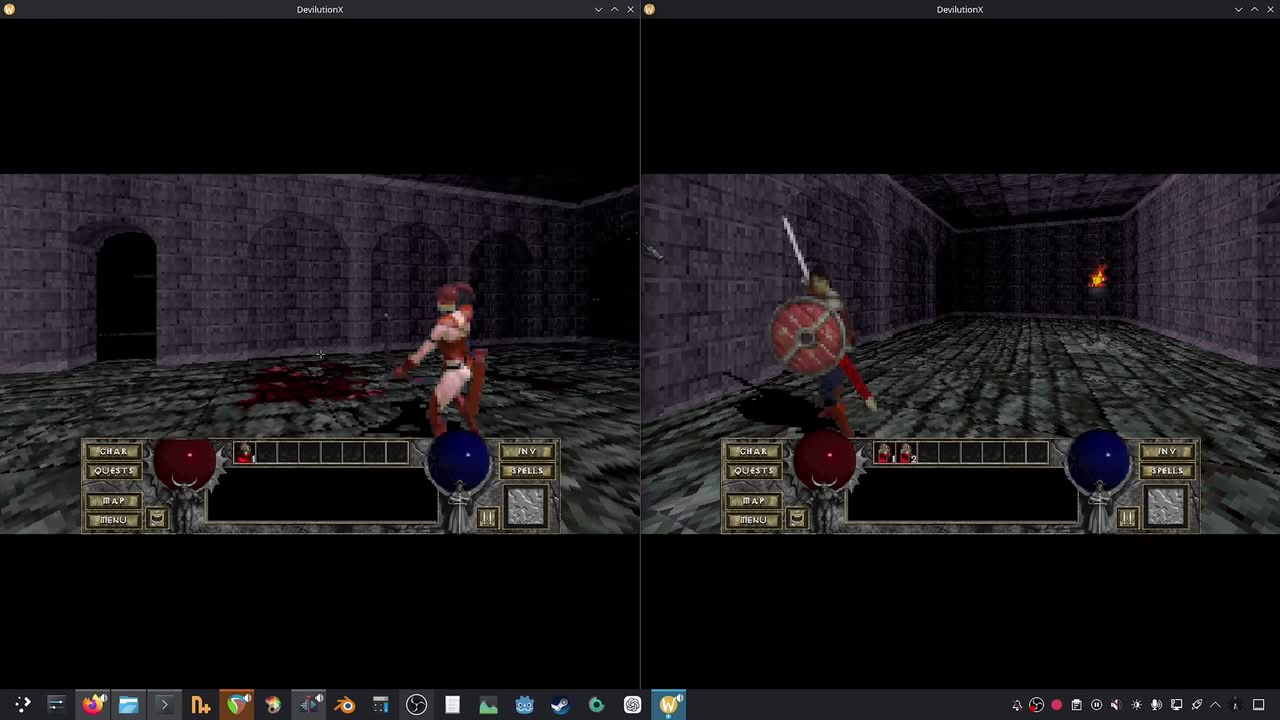 Split-screen multijoueur dans le mod Diablo 1 First Person : vue simultanée de l'amazone et du guerrier