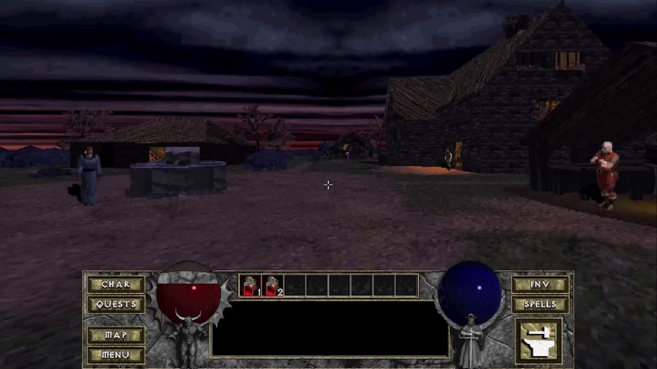 Tristram en vue à la première personne dans le mod Diablo 1 FPS, avec Deckard Cain et le forgeron Griswold