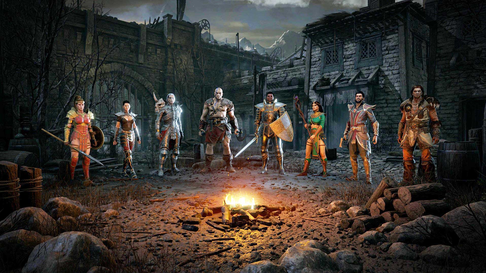 Diablo II Resurrected 2026, écran d'accueil avec les huit classes disponibles incluant le Warlock