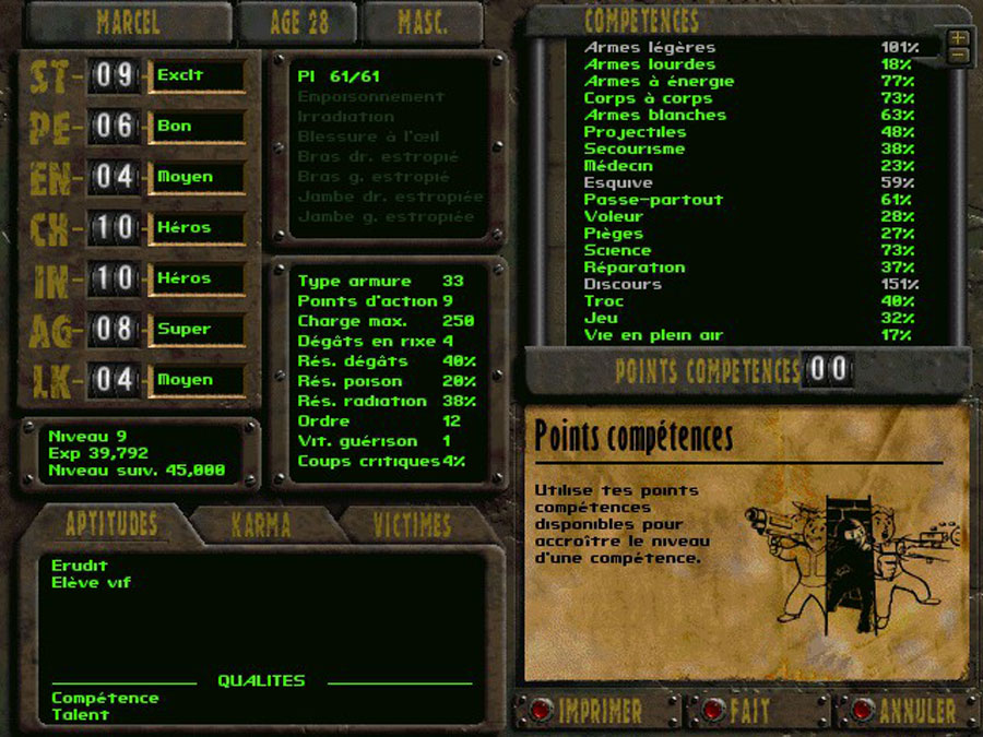 Interface de Fallout 1 montrant le système de points de caractéristiques