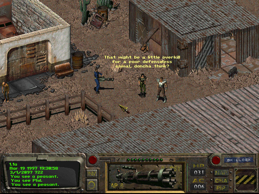 Le Vault Dweller armé d'une gatling discutant avec deux PNJ dans Fallout 1