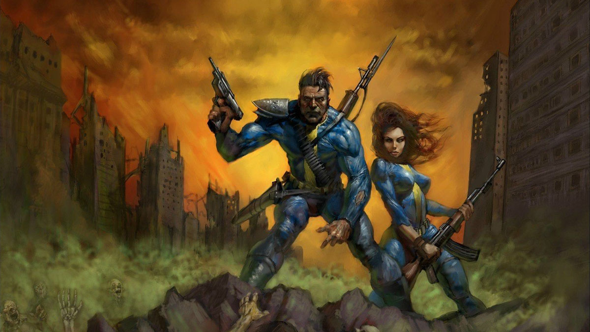 Illustration d'un homme et d'une femme portant les combinaisons bleues et jaunes de Vault-Tec, debout au milieu d'une rue dévastée et poussiéreuse