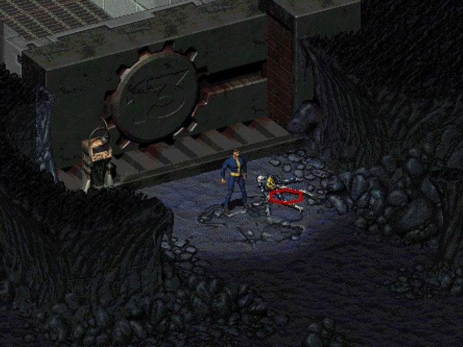 Le Vault Dweller sort du Vault 13 avec un cadavre derrière la porte blindée