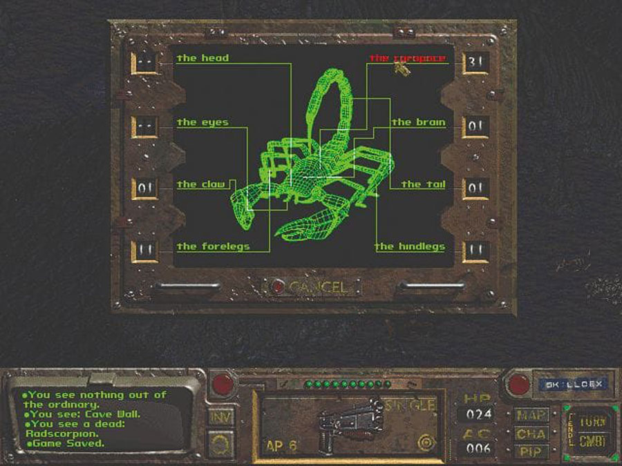 Interface SVAV Fallout 1 avec un Radscorpion et les pourcentages de touche par zone