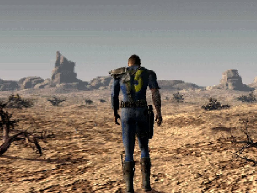 Le Vault Dweller qui repart dans le désert après avoir été banni du Vault 13, fin de Fallout 1
