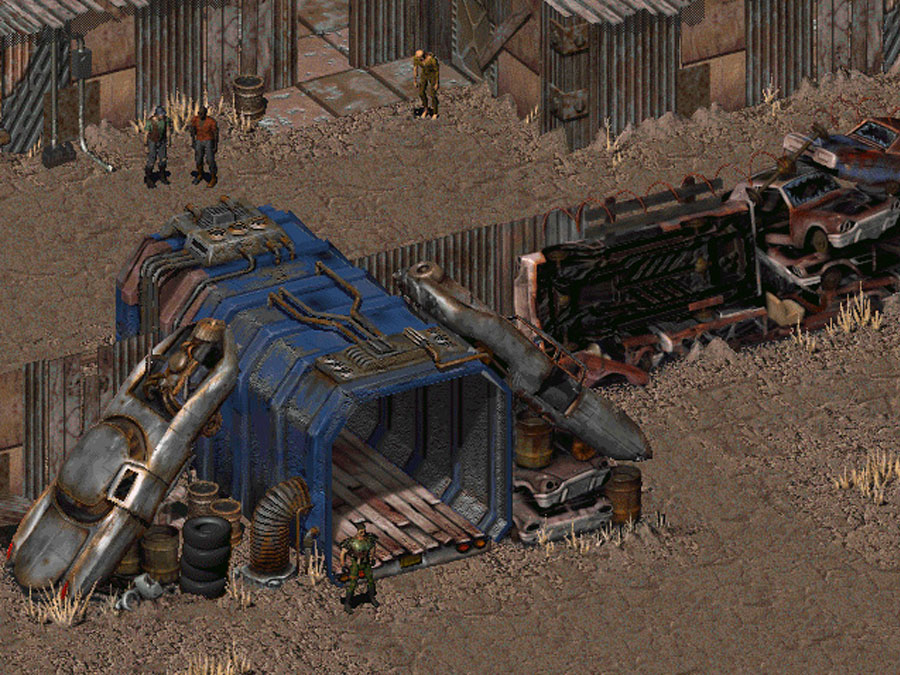 Tôles rouillées et voitures empilées, corp de garde dans Fallout 1