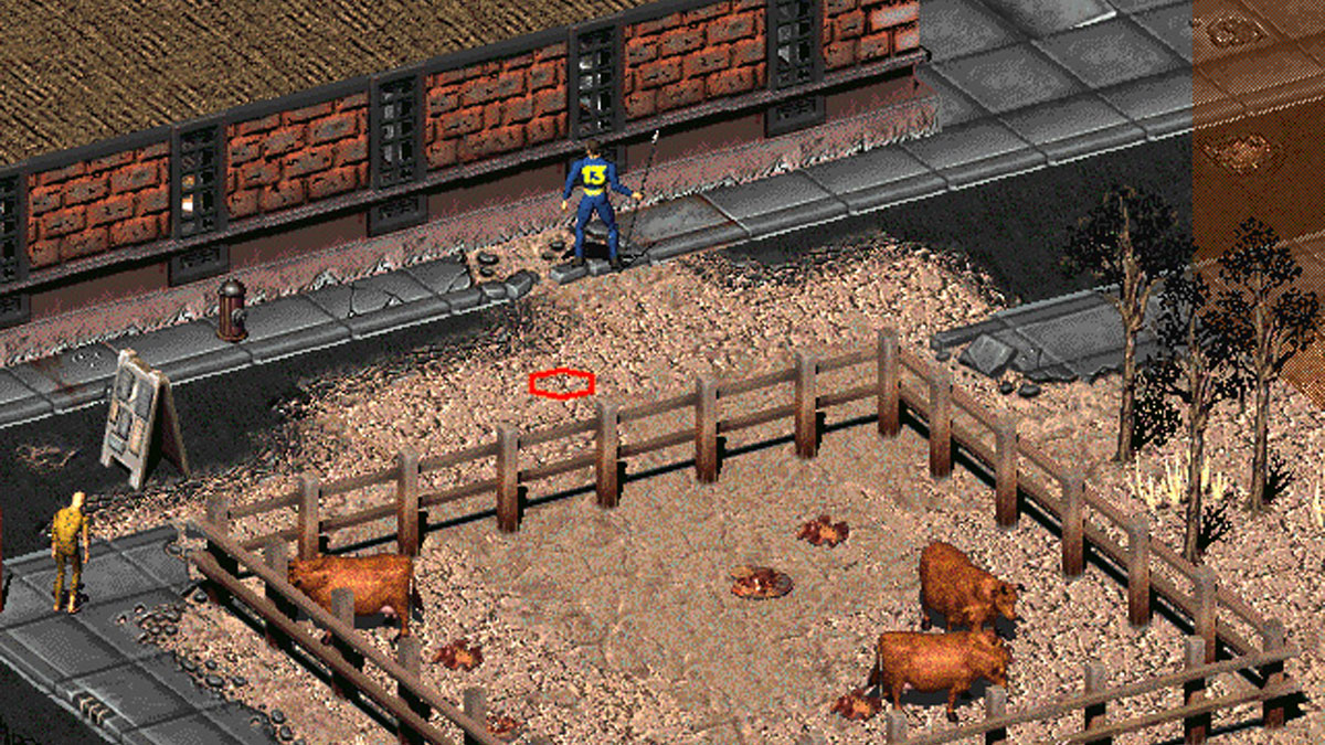 Le Chosen One à côté de Brahmine dans Fallout 2