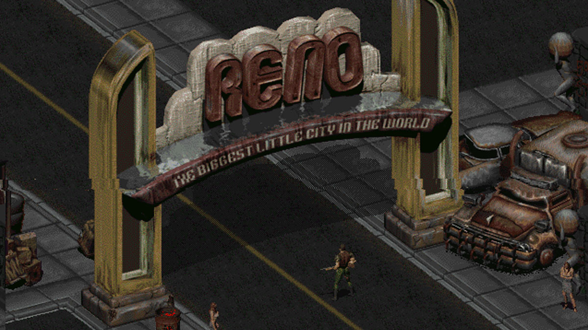 Vue isométrique de l'entrée de la ville de New Reno sous les néons dans Fallout 2