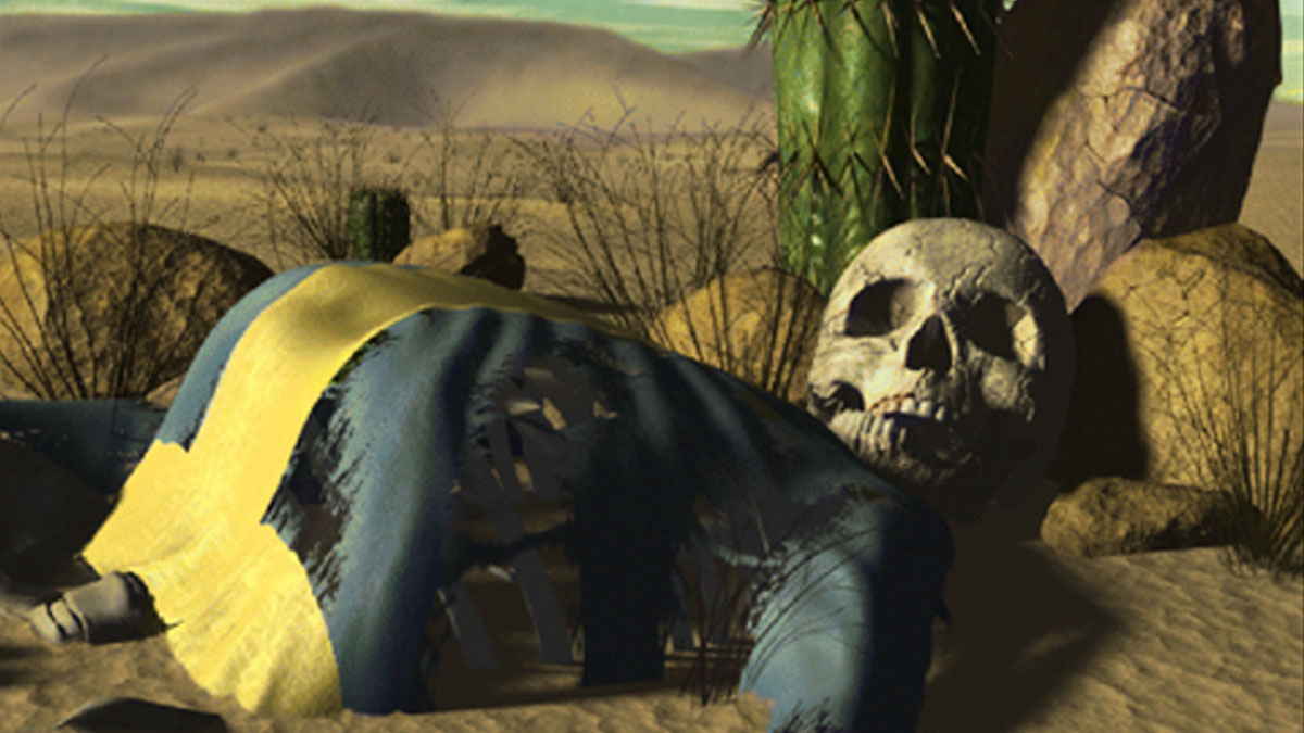 Le squelette du joueur dans le désert, image de mort de Fallout 2