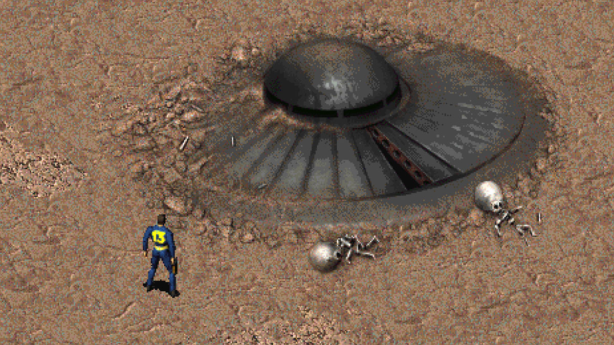 L'easter egg de l'OVNI écrasé avec les deux cadavres d'aliens dans Fallout 2