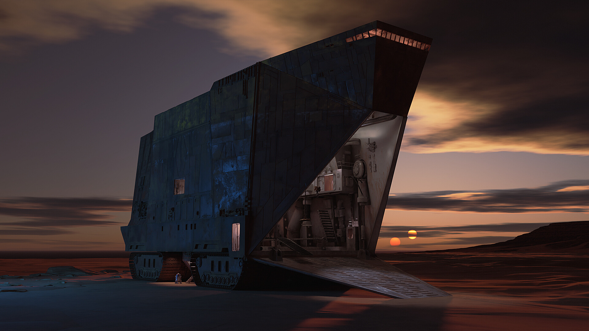 Sandcrawler Jawa au coucher du soleil sur la planète désertique Tatooine