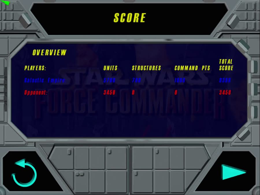 Écran des scores de fin de partie de Star Wars Force Commander