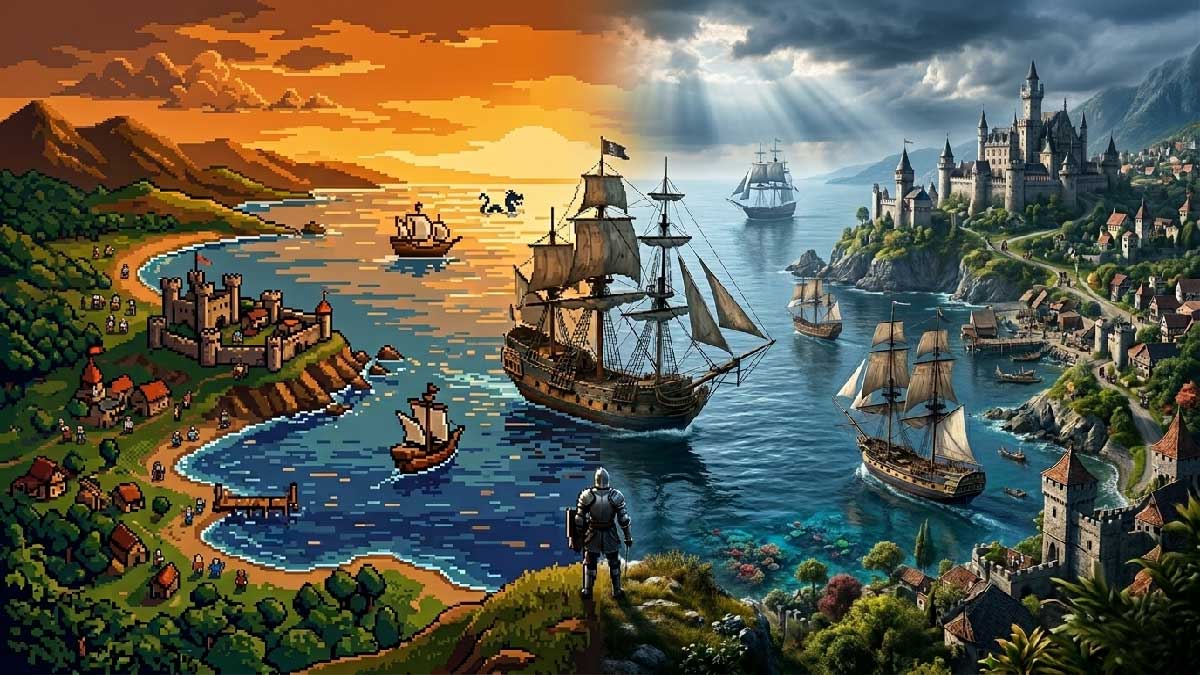 Comparaison visuelle original pixelisé et remaster HD d'un jeu medieval PC