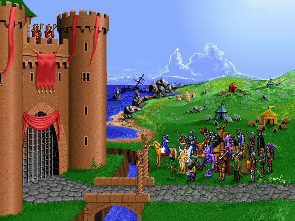 Écran d'introduction de Heroes of Might and Magic I avec toutes les unités du jeu devant un château humain à la herse fermée