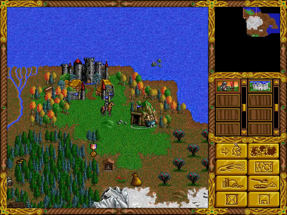 Carte d'aventure de Heroes of Might and Magic I avec forêt, château et héros à cheval