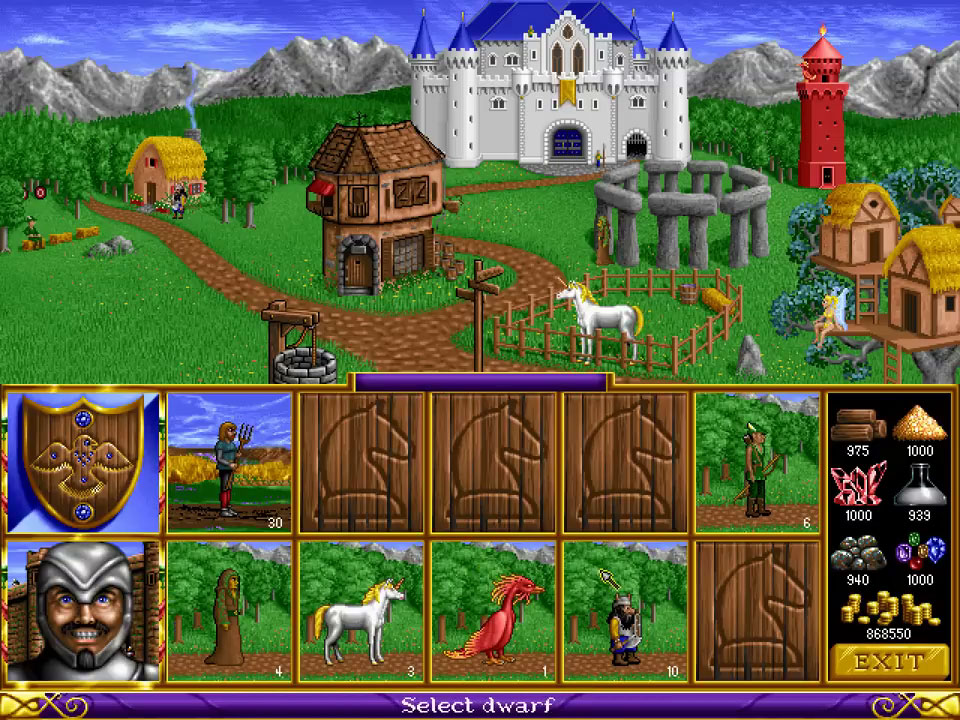 Intérieur du château de la Sorcière dans Heroes of Might and Magic I, avec les unités disponibles à l'achat