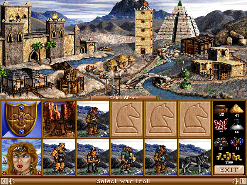 Intérieur du château Barbare dans Heroes of Might and Magic II, avec les unités disponibles à l'achat