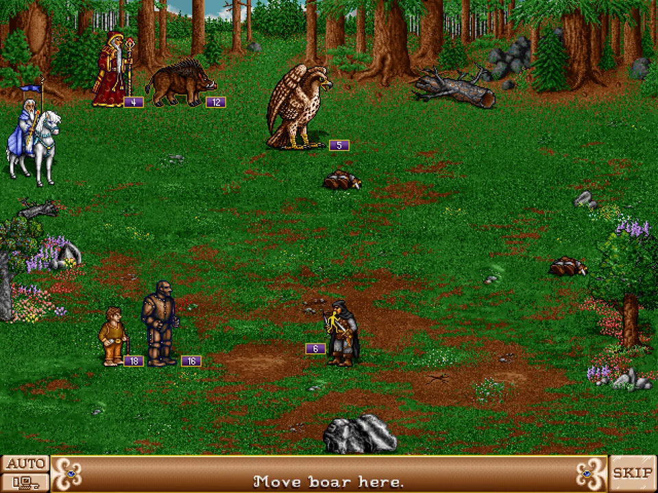 Bataille dans Heroes of Might and Magic II avec aigles, sangliers, golems et voleurs s'affrontant sur le champ de bataille