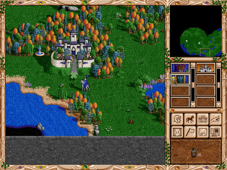 Vue de la carte d'aventure de Heroes of Might and Magic II avec héros devant son château entouré de forêts automnales