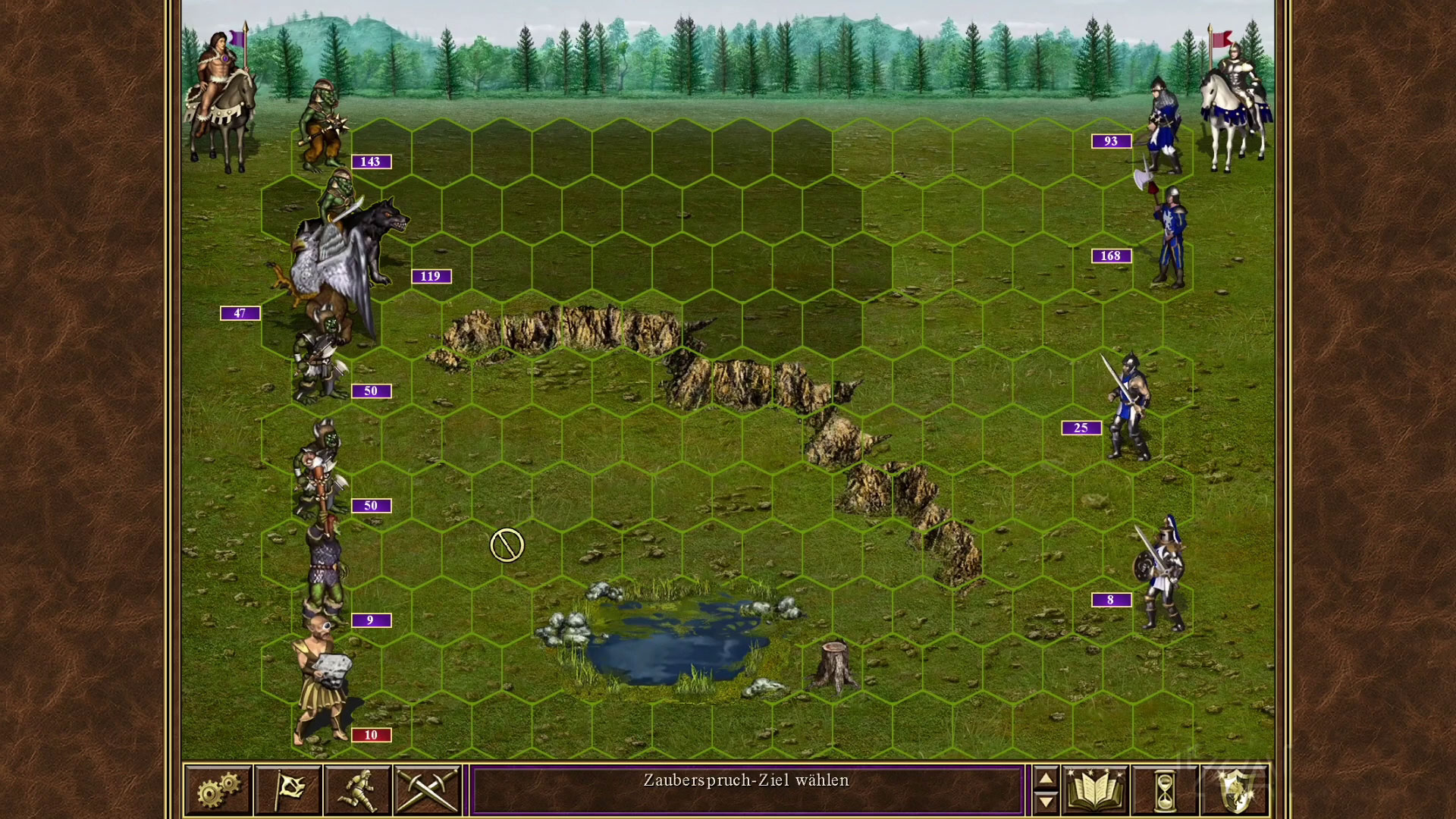 Bataille dans Heroes of Might and Magic III entre armée Orc et armée humaine sur le champ de bataille tactique