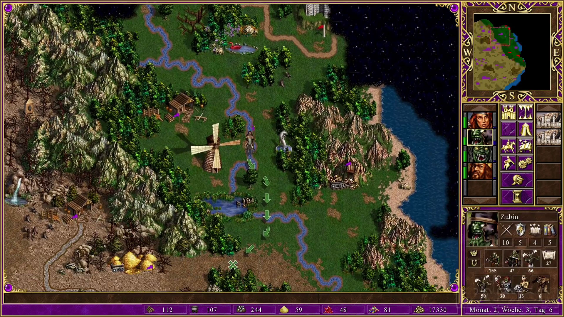 Vue de la carte d'aventure de Heroes of Might and Magic III avec mine de soufre, moulin et héros en déplacement