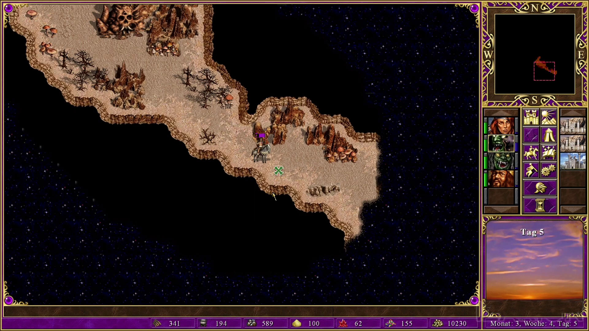 Carte souterraine de Heroes of Might and Magic III avec passages, zones d'ombre et corridors étroits