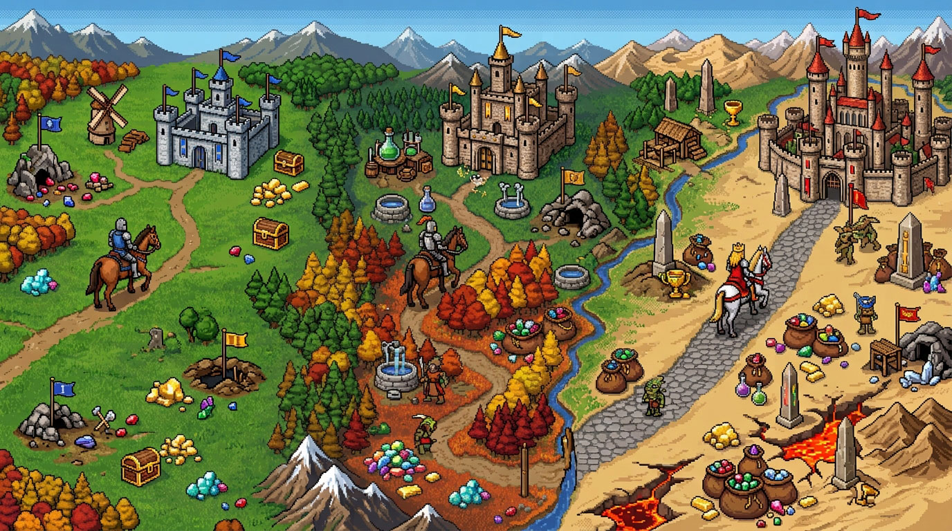 Vue isométrique d'une carte d'aventure inspirée de Heroes of Might and Magic, illustrant des châteaux, des forêts d'automne, des minéraux précieux et un terrain volcanique.