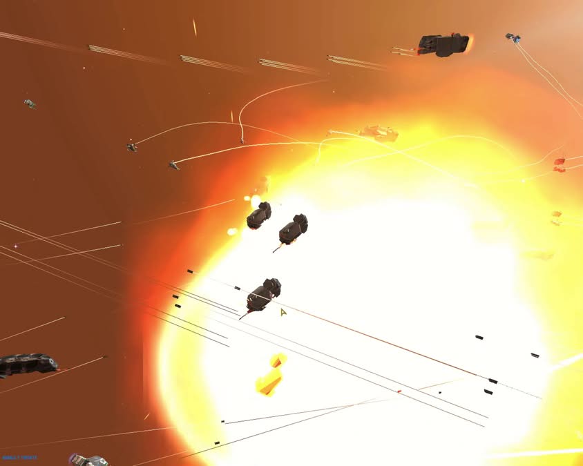 Énorme explosion dans l'espace de Homeworld, vaisseaux en premier plan pour l'échelle