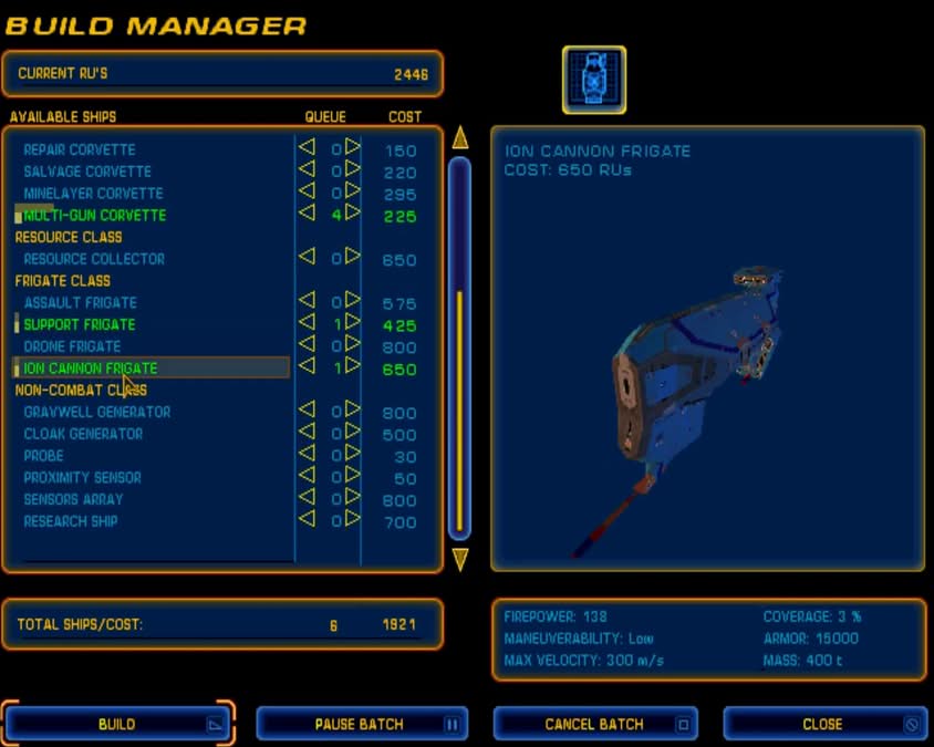 Interface de création de partie personnalisée dans Homeworld, sélection des vaisseaux de la flotte