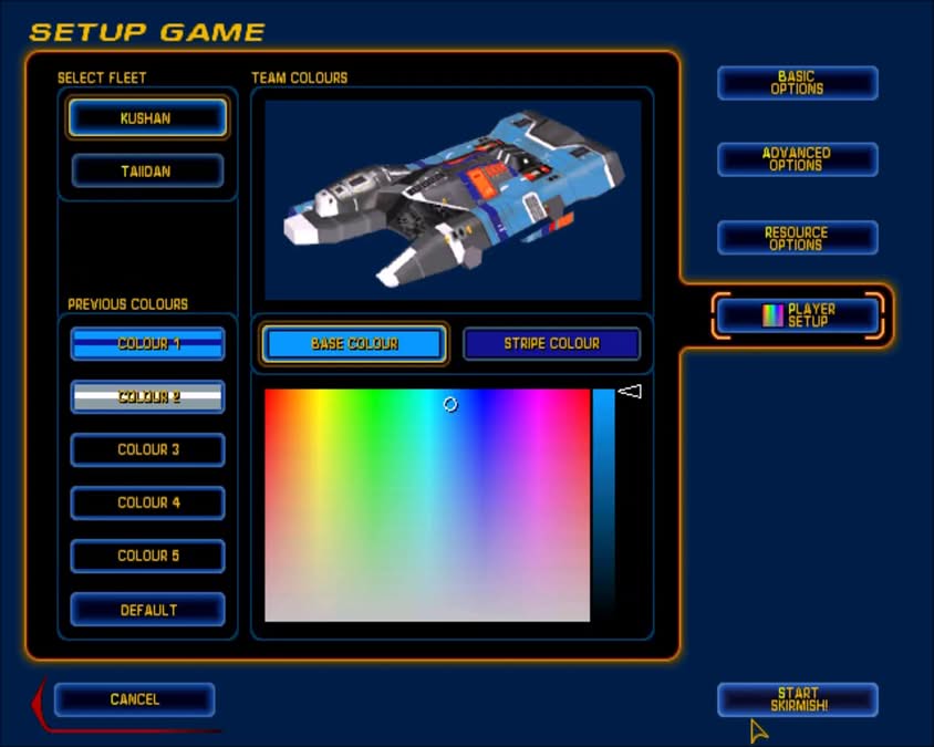Interface de sélection des couleurs de flotte dans Homeworld 1999 pour une partie personnalisée