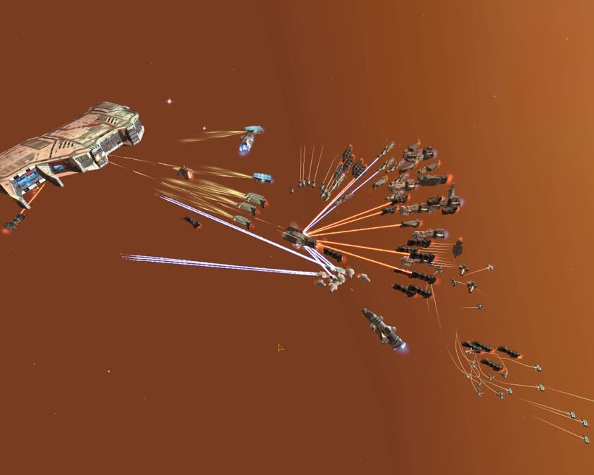 Combat spatial intense dans Homeworld avec tirs laser dans toutes les directions