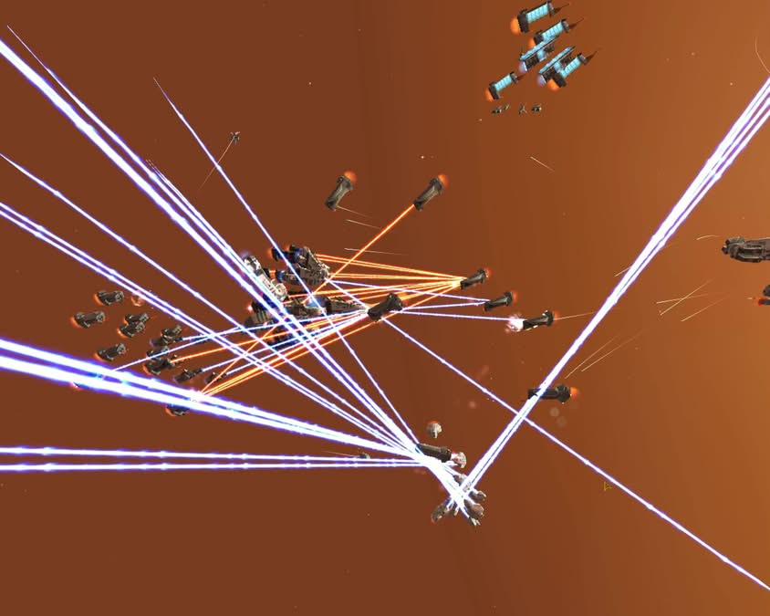 Mêlée spatiale chaotique dans Homeworld, vaisseaux et tirs dans tous les sens