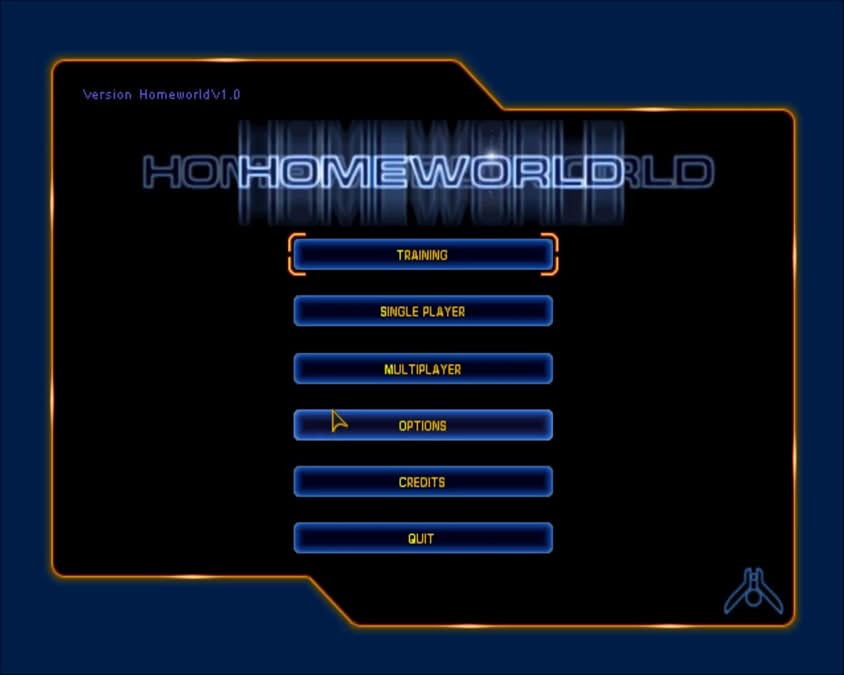 Menu d'accueil de Homeworld 1999 avec interface sombre et typographie futuriste