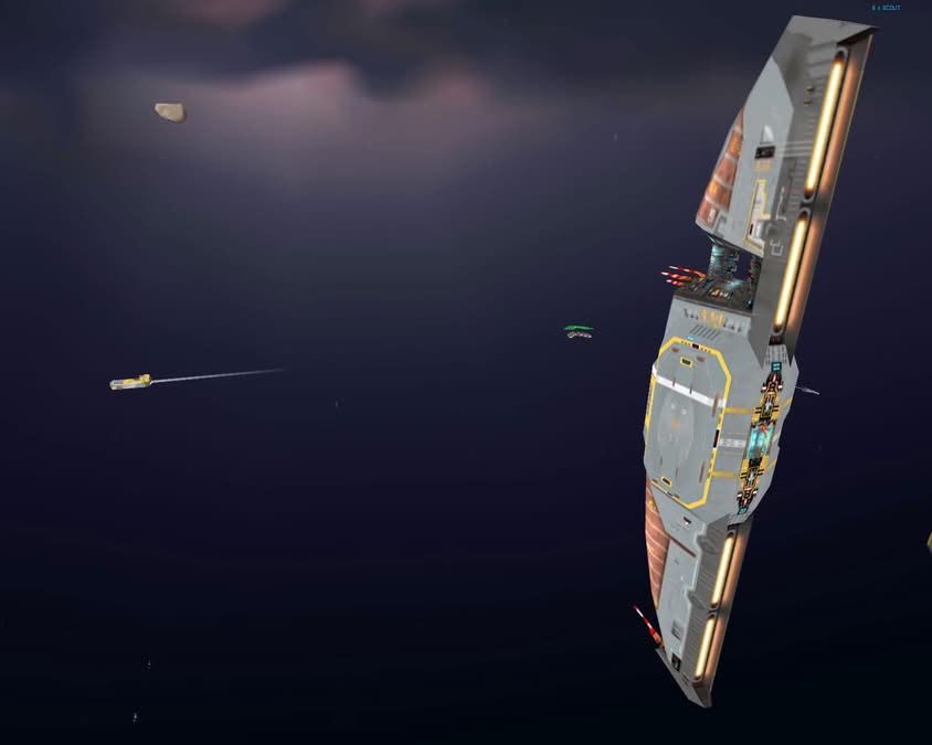 Le Vaisseau Mère kushan de Homeworld en gros plan, silhouette longiligne dans l'espace