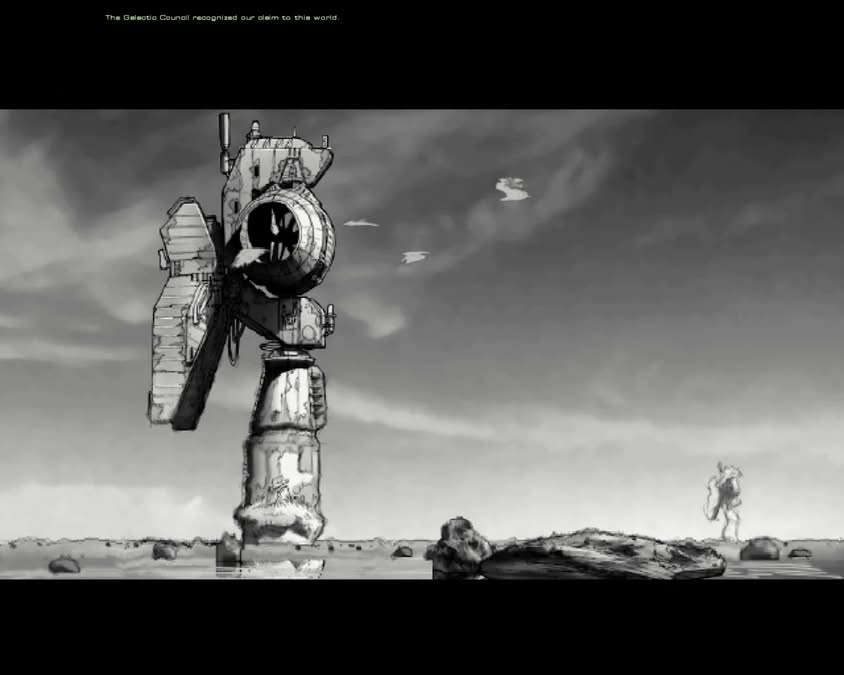 Écran de briefing vidéo de Homeworld en noir et blanc, style cinématique
