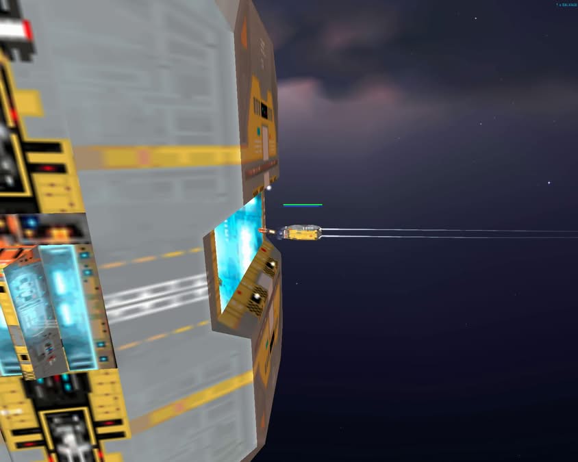 Un petit vaisseau entre dans le hangar du Vaisseau Mère dans Homeworld 1999
