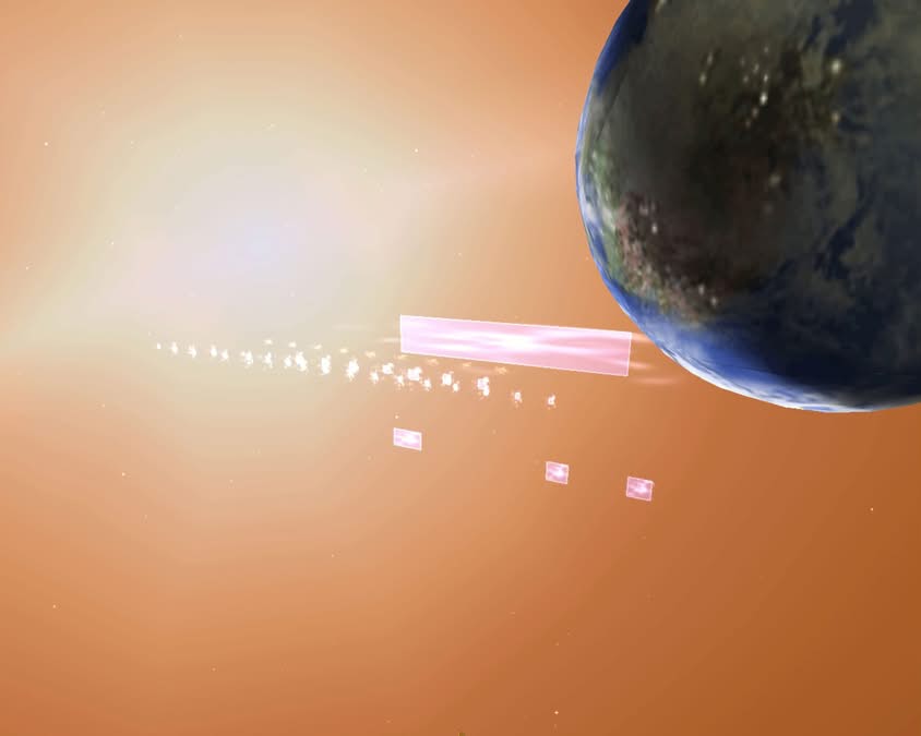 Arrivée en warp dans Homeworld 1999, rectangles lumineux formant une fenêtre hyper-spatiale