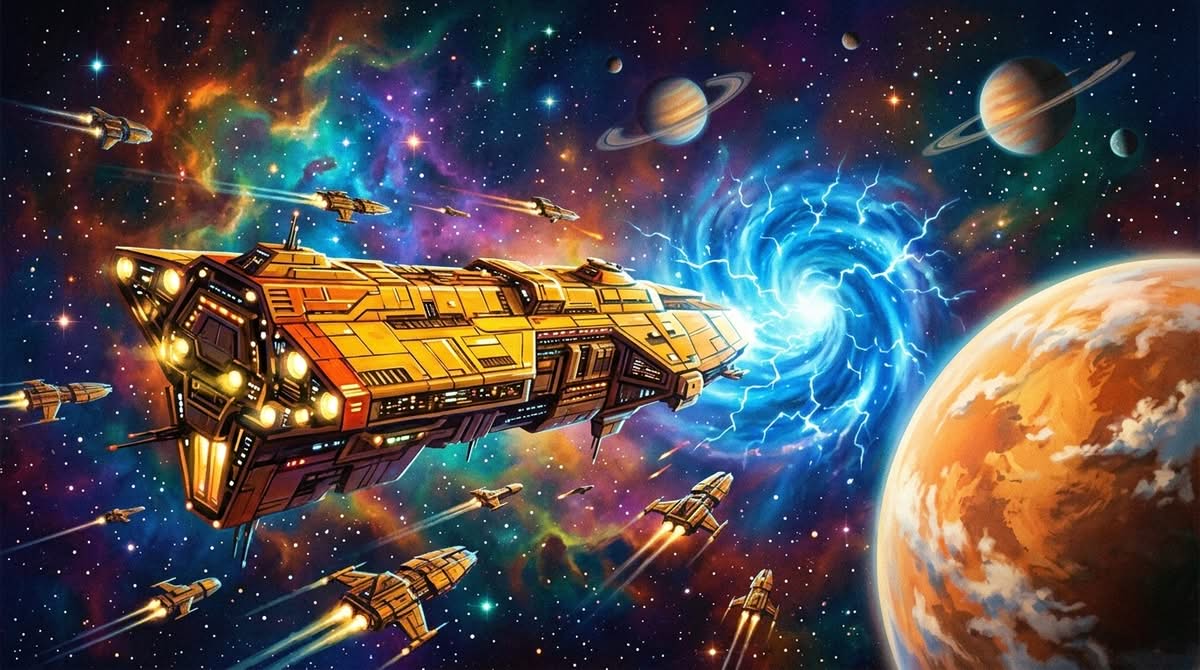Homeworld 1999 flotte spatiale kushan en route vers le saut hyper-spatial, planètes colorées en background