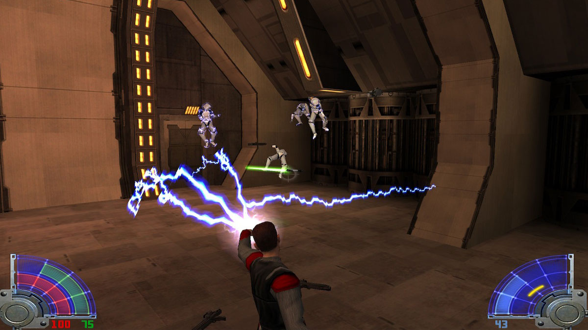 Kyle Katarn utilisant les éclairs de la Force contre un groupe de stormtroopers dans un complexe impérial - Star Wars Jedi Academy