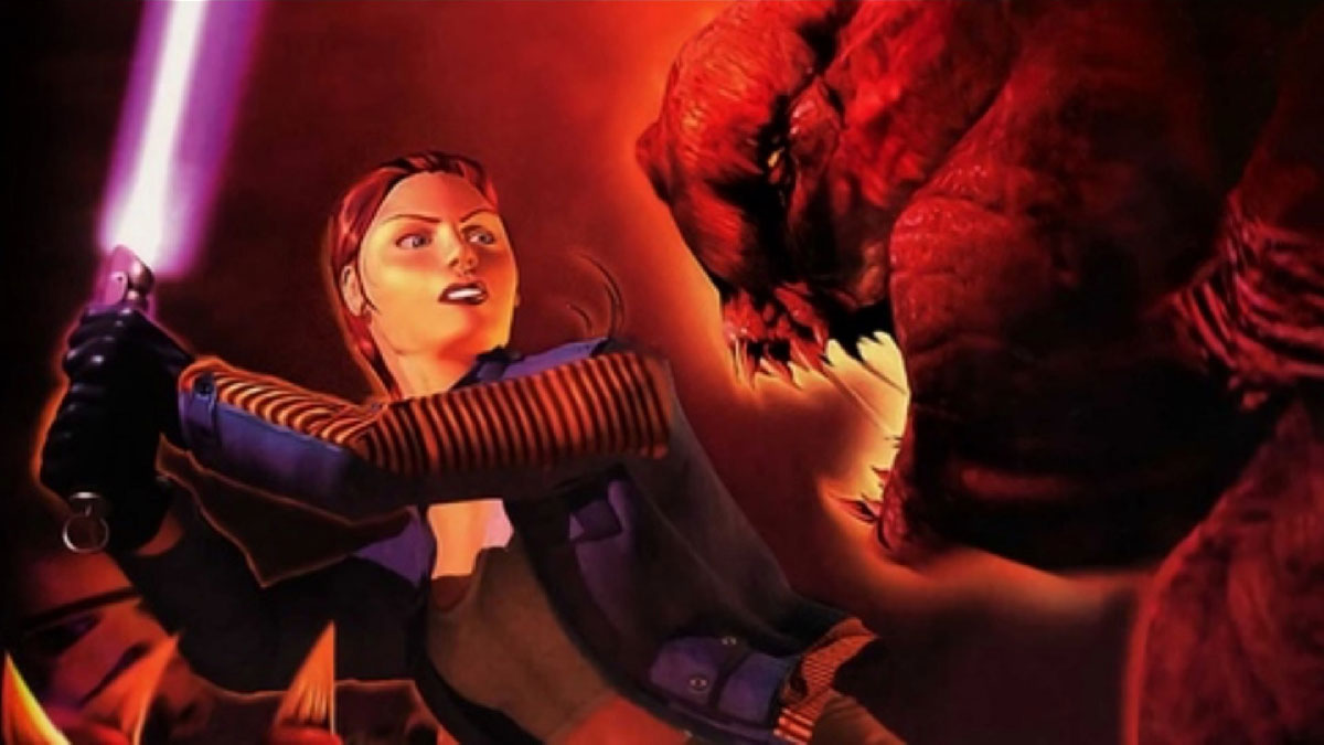Mara Jade brandissant un sabre laser violet face à un immense Rancor dans une grotte sombre