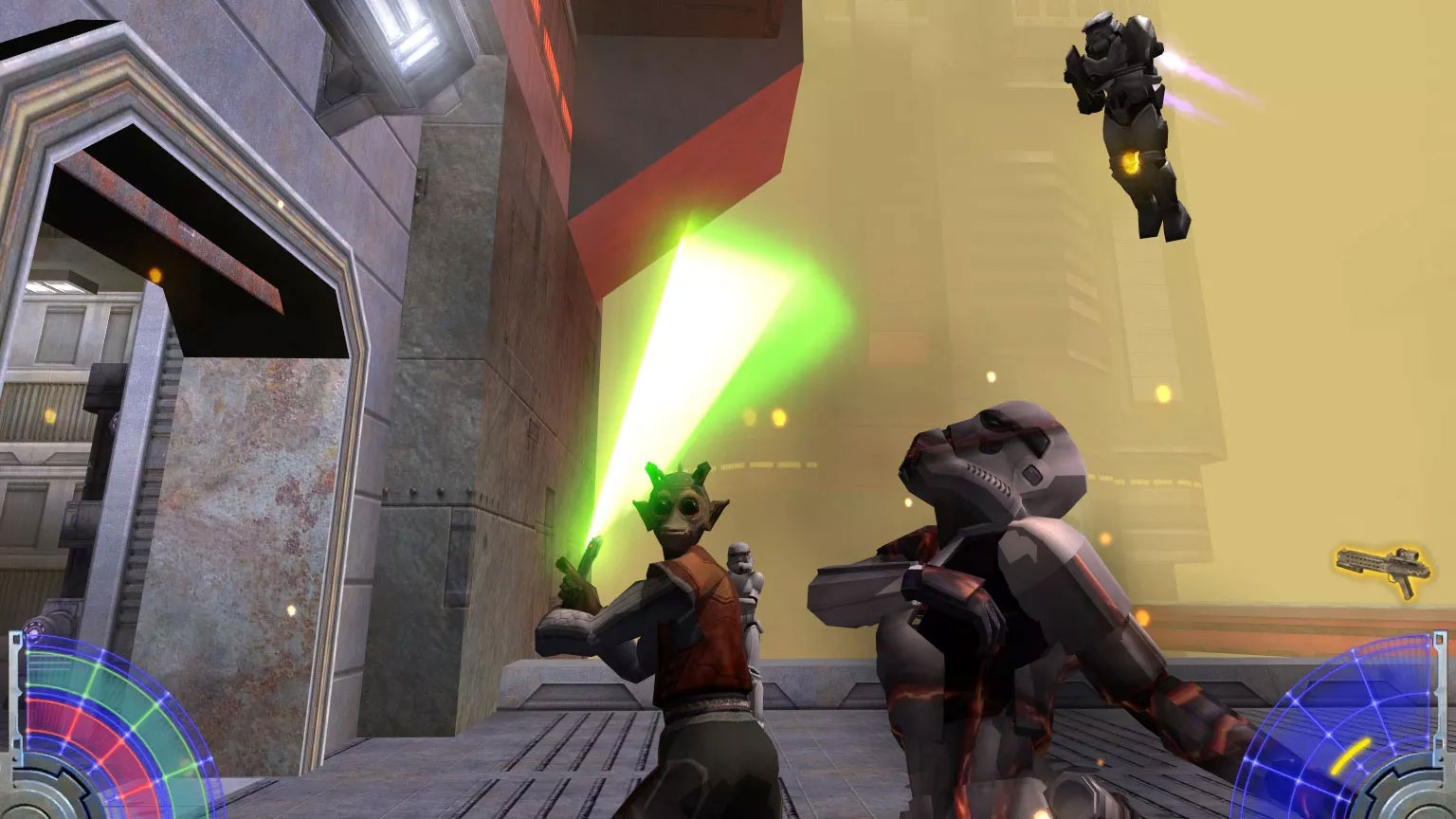 Un sniper Rodien et des guerriers Reborn affrontant des stormtroopers impériaux dans les rues de Nar Shaddaa - Star Wars Jedi Outcast