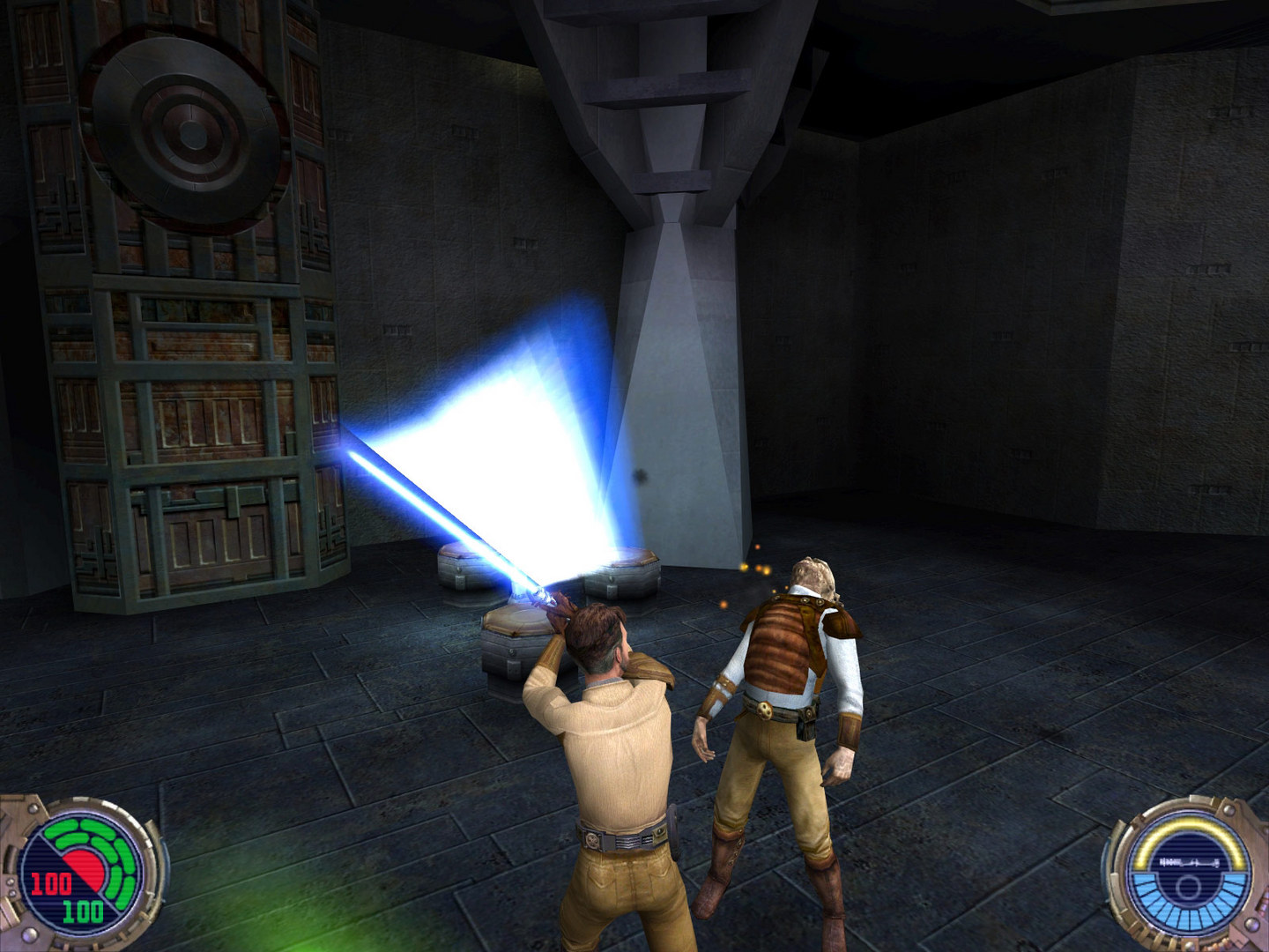 Kyle Katarn in lightsaber combat in Star Wars Jedi Knight II Jedi Outcast