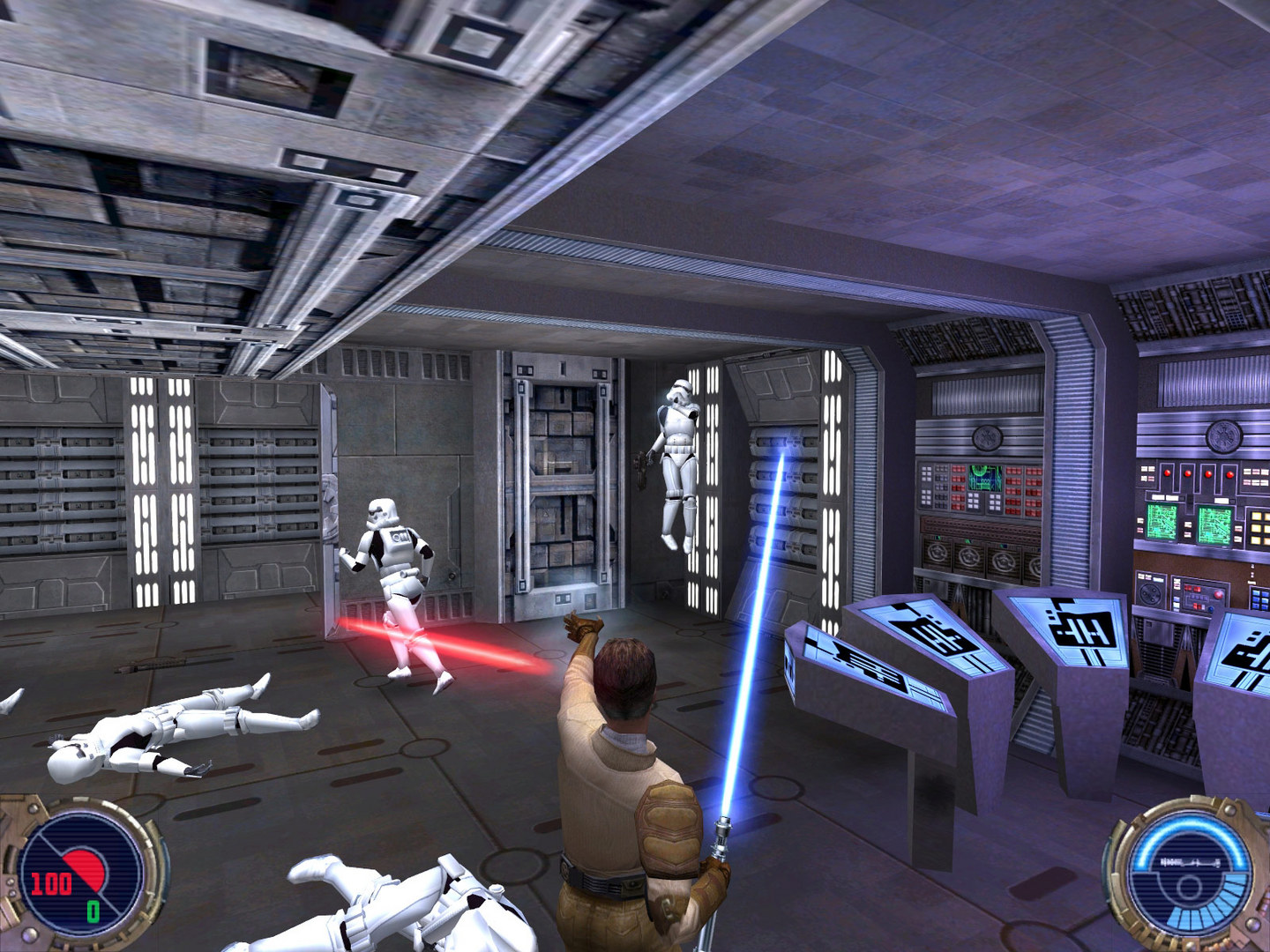 Kyle Katarn using Force Grip against an enemy in Jedi Outcast