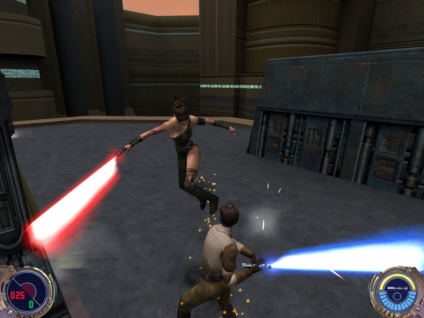 Kyle Katarn in a lightsaber duel in Star Wars Jedi Knight II Jedi Outcast against a Dark Jedi