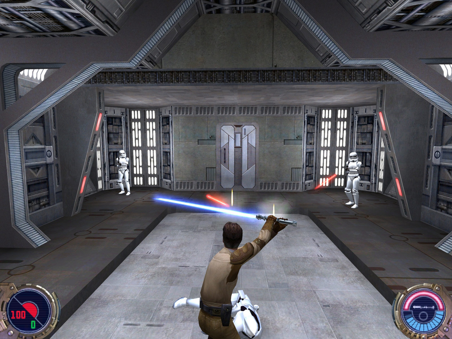 Kyle Katarn fighting against Imperial stormtroopers in Star Wars Jedi Knight II Jedi Outcast