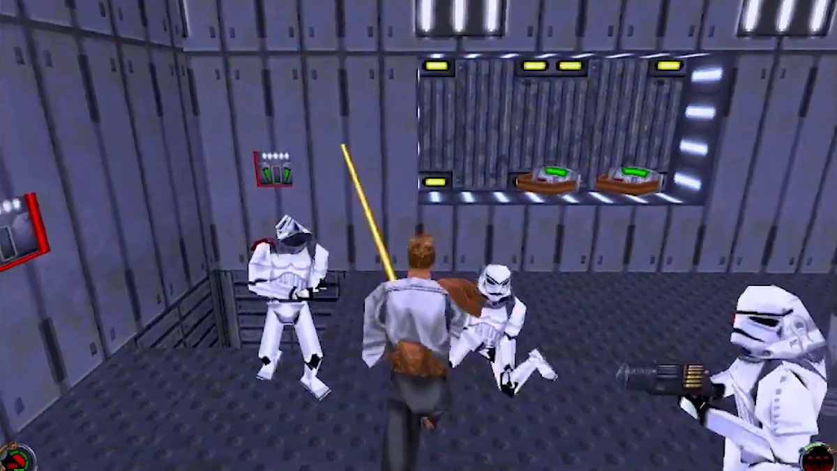 Kyle Katarn fighting stormtroopers with a lightsaber in Jedi Knight Dark Forces II